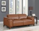 Dual-Power Leather Reclining Sofa - Articulating Power Headrest, Padded Armrest - Coach Colored, Luxurious Comfort