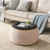 Round Storage Ottoman, 2 in 1 Function, Work as End table and Ottoman, Pink (25.5"x25.5"x14.5")