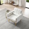 Modern Comfy Blind Tufted White Teddy Fabric Accent Chair Leisure Chair Armchair Living Room Chairs With Metal Trim and Gold Legs, with 1 Waist Pillow