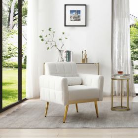 Modern Comfy Blind Tufted White Teddy Fabric Accent Chair Leisure Chair Armchair Living Room Chairs With Metal Trim and Gold Legs, with 1 Waist Pillow