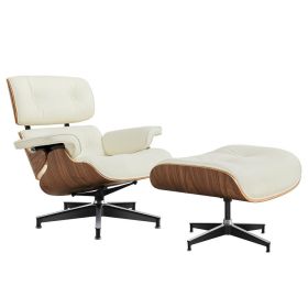 Living Room Lounge Chair Arm Chair Swivel Single Sofa Seat With Ottoman Genuine Leather Standard Version (Color: cream leather walnut frame)