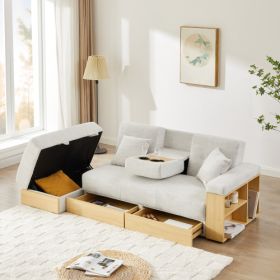 Multi-functional sofa, can sit, lie down, with storage box and drawer, and the storage sofa arm which can be used as tea table (Material: Cotton Linen, Color: Light Gray)