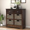 Rustic Acacia Wood Storage Cabinet with Two Drawers and Four Classic Rattan Baskets for Dining Room, Entryway, or Living Room