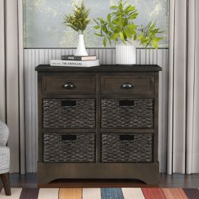 Rustic Acacia Wood Storage Cabinet with Two Drawers and Four Classic Rattan Baskets for Dining Room, Entryway, or Living Room (Color: Brown Gray)