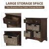 Rustic Acacia Wood Storage Cabinet with Two Drawers and Four Classic Rattan Baskets for Dining Room, Entryway, or Living Room