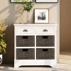 Rustic Acacia Wood Storage Cabinet with Two Drawers and Four Classic Rattan Baskets for Dining Room, Entryway, or Living Room