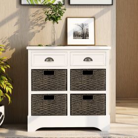 Rustic Acacia Wood Storage Cabinet with Two Drawers and Four Classic Rattan Baskets for Dining Room, Entryway, or Living Room (Color: White)