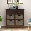 Rustic Acacia Wood Storage Cabinet with Two Drawers and Four Classic Rattan Baskets for Dining Room, Entryway, or Living Room