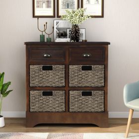 Rustic Acacia Wood Storage Cabinet with Two Drawers and Four Classic Rattan Baskets for Dining Room, Entryway, or Living Room (Color: Espresso)