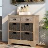 Rustic Acacia Wood Storage Cabinet with Two Drawers and Four Classic Rattan Baskets for Dining Room, Entryway, or Living Room